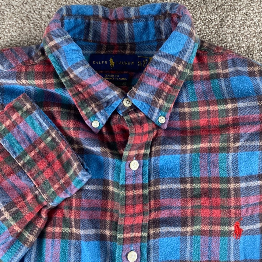 Polo Ralph Lauren Mens XXL Classic Fit Performance Flannel Plaid Shirt Blue Red